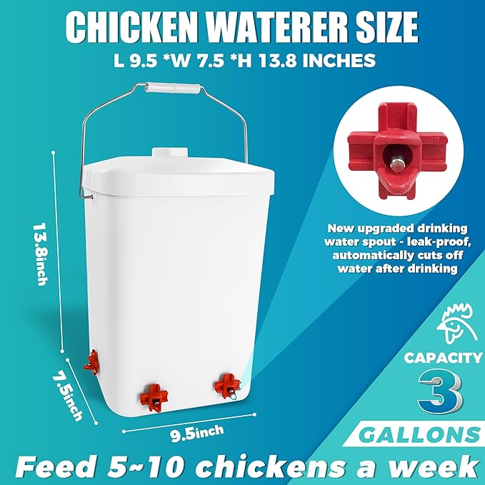 Automatic Chicken Feeder and Waterer Set 3 Gallon/25 Pounds No Waste Poultry Feeder Rain Proof Large Chicken Feeders Chicken Coop Accessories (Grass Green and White)