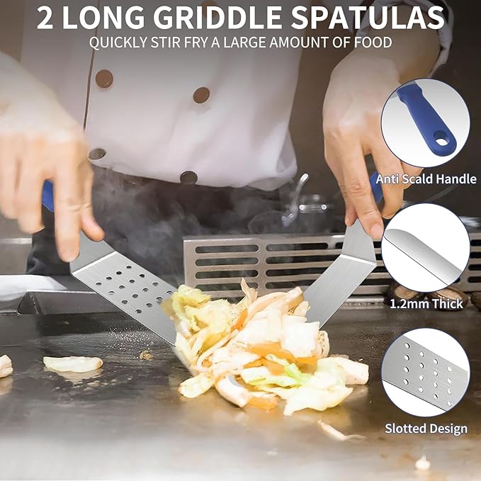Griddle Accessories Kit, 23Pcs Grilling Accessories Set for Camp Chef, Flat Top Griddle Accessories with Scraper, Spatula, Basting Cover, Tongs, Egg Ring, Outdoor Grill Tools Blue