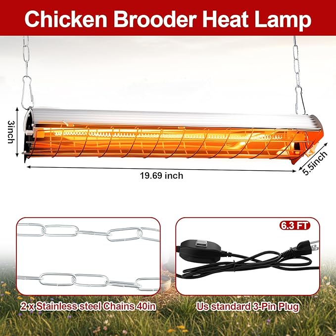 Retisee 400w Large Hanging Chicken Coop Heater Lamp Carbon Fiber Chicks Brooder Heater 5pcs Chick Feeder and Waterer Kit with Wooden Perch for Poultry Chicks Ducks Quail Pigeons Birds
