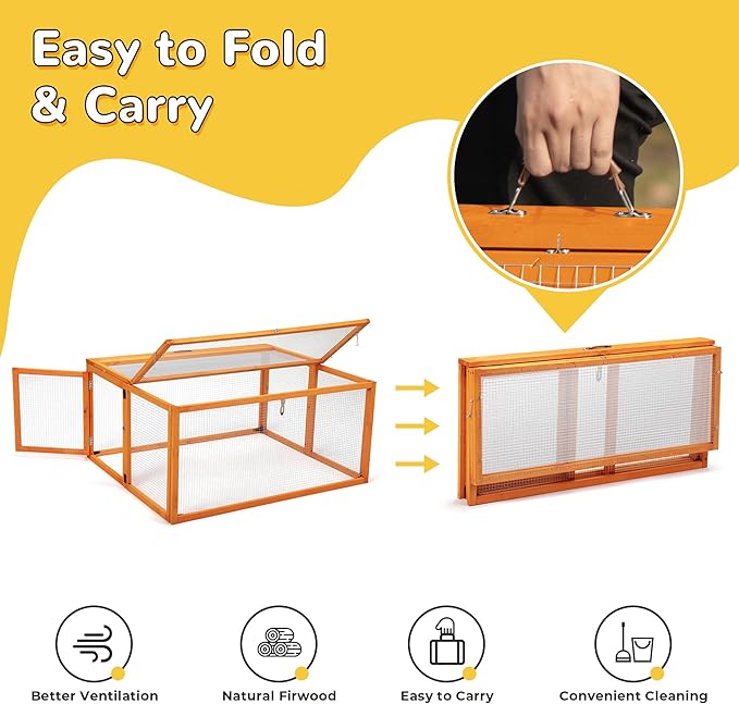 Portable Chicken Coop with UV-Proof Panel, 4X Garden Stakes, Wooden Rabbit Hutch, Chicken Brooder Box Indoor, Outdoor Folding Chicken Cage, Top & Side Openable Doors, 43.3Inch (Orange)