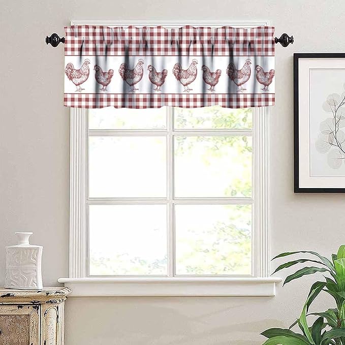 Rooster Valance Curtains Rustic Farmhouse Animals Retro Red White Buffalo Plaid Rod Pocket Curtain Valance for Kitchen Bedroom Living Room Decor 1 Panel W54xL18 Inch