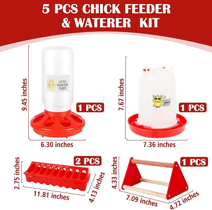 Chick Feeder and Waterer Kit with Chick Perch, Cool Chick Feeder and Waterer Set, Baby Chick Starter Kit with Chick Perch for Small Poultry Chicks Ducks Quail Pigeons Birds(RED)