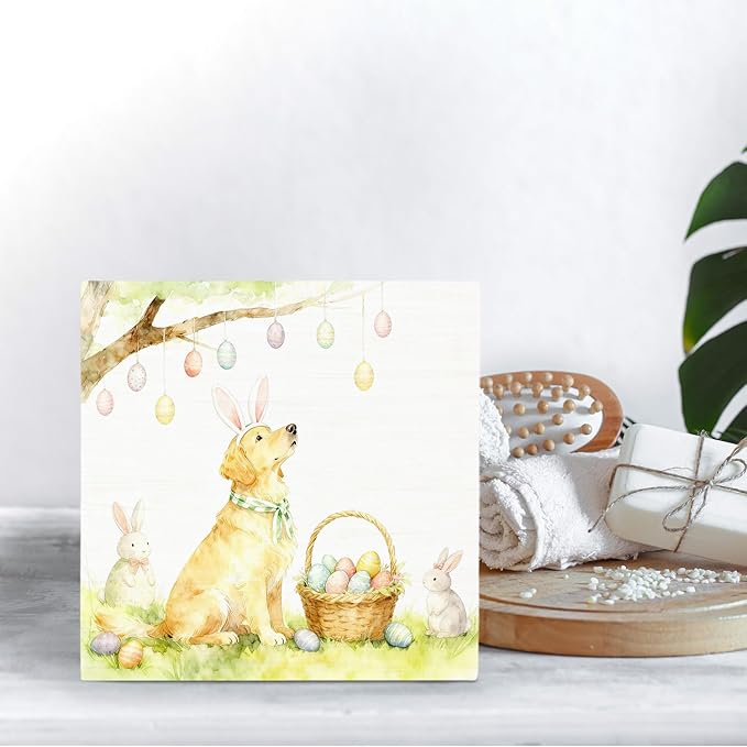 Easter Golden Retriever Dog Wooden Box Sign Desk Decor, Spring Easter Egg Rabbit Ear Golden Retriever Wood Signs for Home Office Desk Table Shelf Decorations, 5x5 Inch