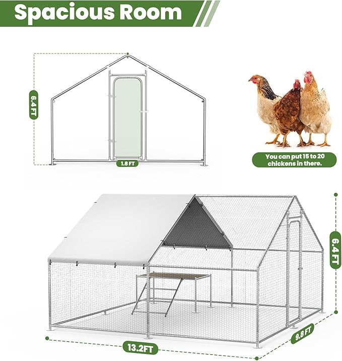 Large Metal Chicken Coop with Roosting Ladder, UV-Resistant and Waterproof Cover, Outdoor Walk-in Cage Hen House for Yard Farm Rabbit Duck Chicken Run, Spire Roof (13.1'W x 9.8'L x 6.4'H)