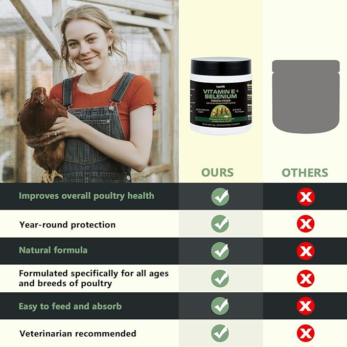 Selenium & Vitamin E Powder for Chickens, Selenium for Chickens, Immune System, Muscle Support & Prevents, Improve Wry Neck, Selenium, Vitamin E Supplements, Suitable for All Poultry