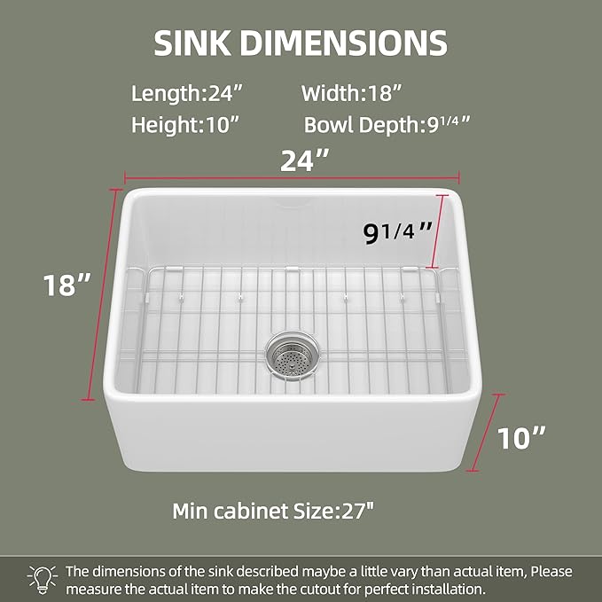 TUKTUK White Farmhouse Sink 24 X18 inch Fireclay Farm House Apron Front Undermount Small Modern Kitchen Sink Single Bowl for Bar and RV Luxury Bottom Grid & Strainer
