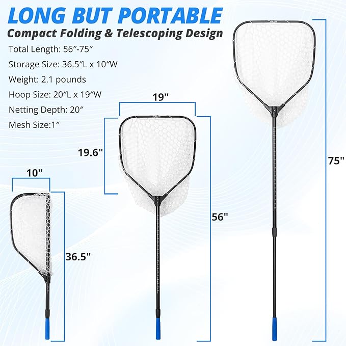 Large Telescoping Fishing Net, Folding Landing Net with Long Handle, Rubber Netting, Lightweight, Length 56″-75″, Hoop Size 20″ x 19″, Depth 20″, 25 lbs. Capacity