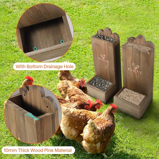 2 Pack Wooden Chicken Feeder, Oyster Shell and Grit Feeder Hanging/Ground Chicken Coop Feeder with Durable Iron Construction for Hens & Chicks