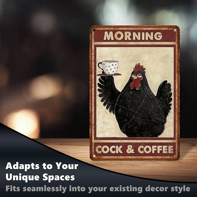Funny Chicken Metal Signs Coffee Decor Morning Cock And Coffee Tin Signs Vintage Kitchen Metal Decor Rustic Wall Art For Home Farmhouse Coop Farm Poultry House Cafe Bar Office 12 * 8 In