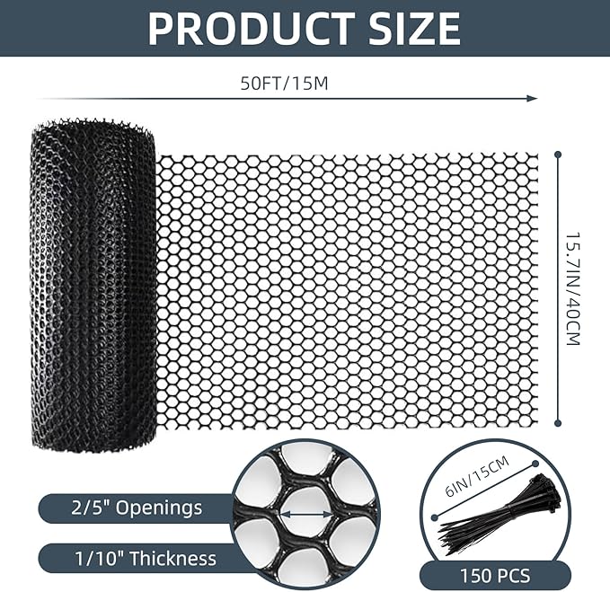 Plastic Wire Mesh Fence, 1.3ft x 50ft /15.7in x 600in Plastic Chicken Wire Fence Mesh Versatile Plastic Fencing Wire Netting Poultry Animal Barrier Fence with 150 Zip Ties for Garden & Farm, Black