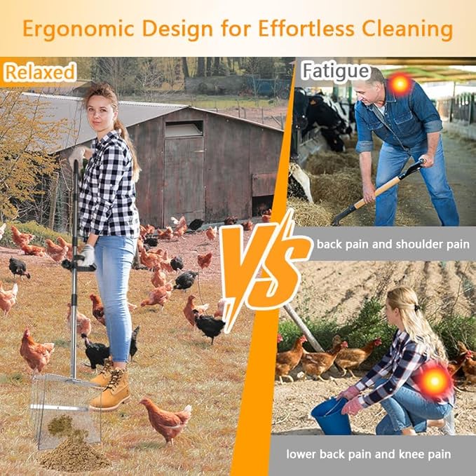 15 Inch Chicken Coop Scoop & Rake 2-in-1, Adjustable Stainless Steel Handle, Chicken Litter Scoop, Large Metal Shovel Head, Sifting Litter Shovel Scoop for Coop Cleaning and Poultry Care