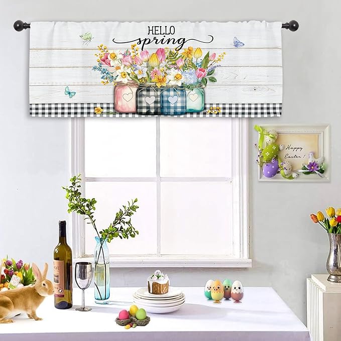 Miyotaa Hello Kitchen Curtain Valance 54W x 18H Rod Pocket Flower Rustic Farmhouse Plant Botanical Plaid Baffulo Window Treatment for Living Room Bedroom Bathroom Laundry