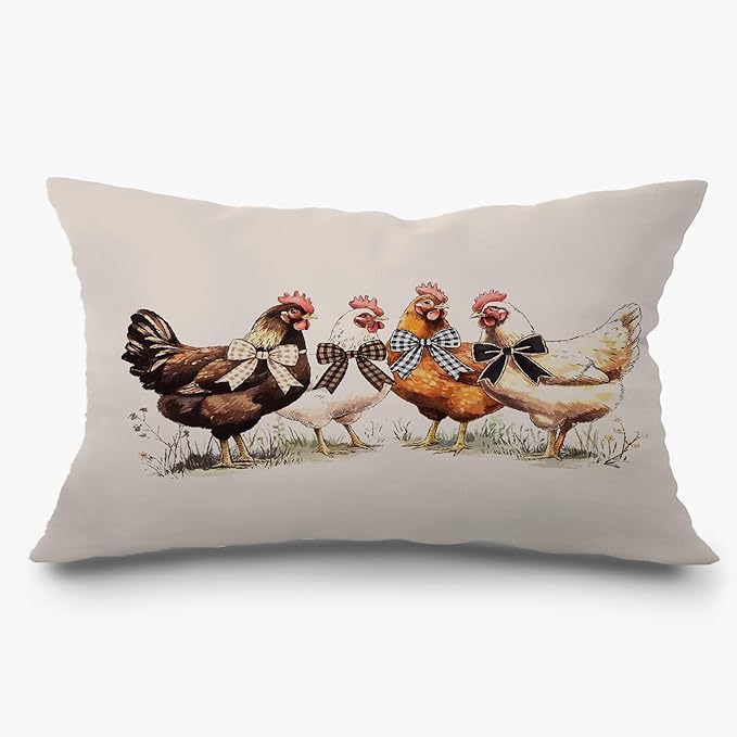Farmhouse Chicken Lumbar Pillow Covers 12x20 Inch, Chicken Lover Gifts for Women, Farmhouse Chicken Decor