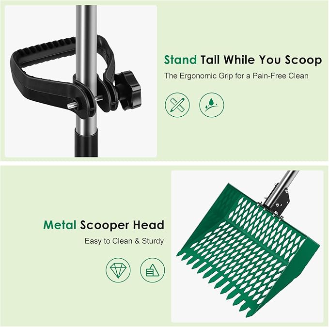 Adjustable Chicken Poop Scooper & Rake - Heavy Duty 3-in-1 Stainless Steel Manure Shovel with Long Handle Multi-Angle Scoop for Stand Up Coop Cleaning Cat Litter & Beach Sand, Green