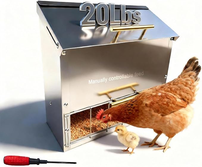 Stainless Steel Poultry Feeder 20Lbs - Manual Feed Quantity Control & Wall Mount Gravity Feeder with Push Pull Lid - Food Dispenser for Chickens Ducks Geese