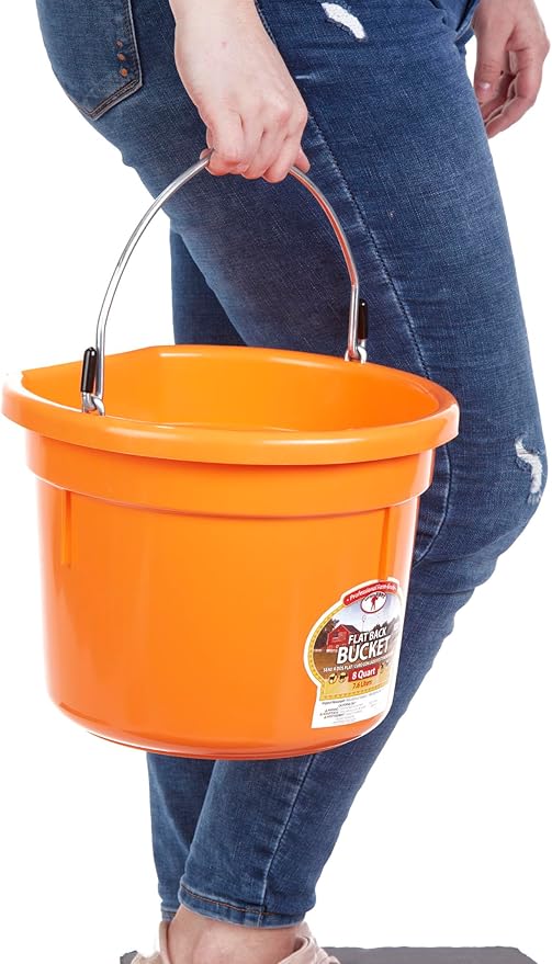 Little Giant® Flat Back Plastic Animal Feed Bucket | Animal Water and Feed Bucket with Metal Handle | 8 Quarts | Orange