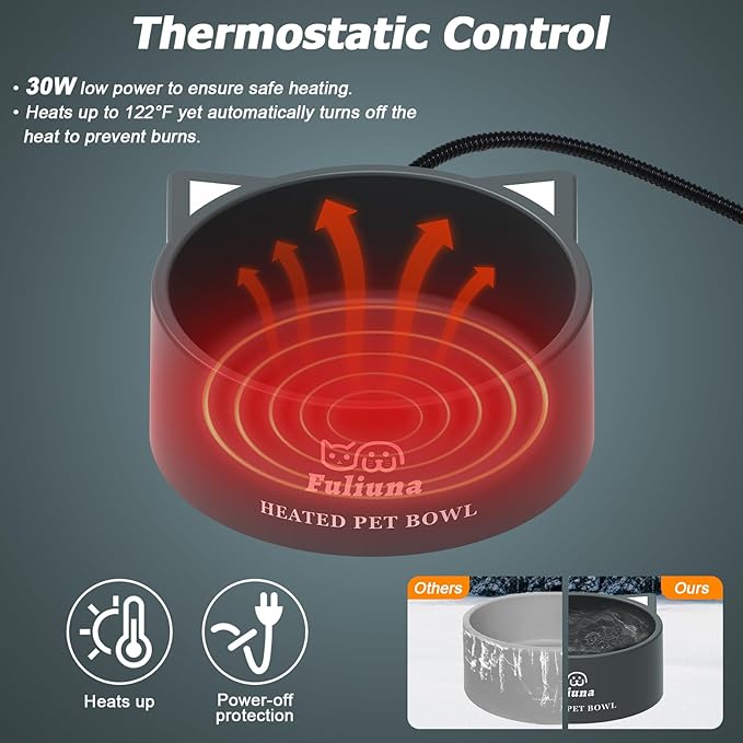 Large Heated Water Bowl for Outdoor Dog & Cat, Outside Heated Dog Bowl Provides Drinkable Water in Winter, Heated Pet Bowl with Anti Chew Cord for Dogs Bird Rabbit Chicken Duck, 108 OZ/30W.
