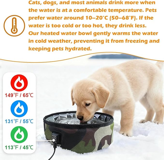 3L Heated Water Bowl for Pets -USB Powered, Foldable, Waterproof for Dogs, Cats, Squirrels, Rabbits, Chickens, and Bird - 3L Capacity – Winter Outdoor Use – Keeps Water from Freezing in Snowy Weather