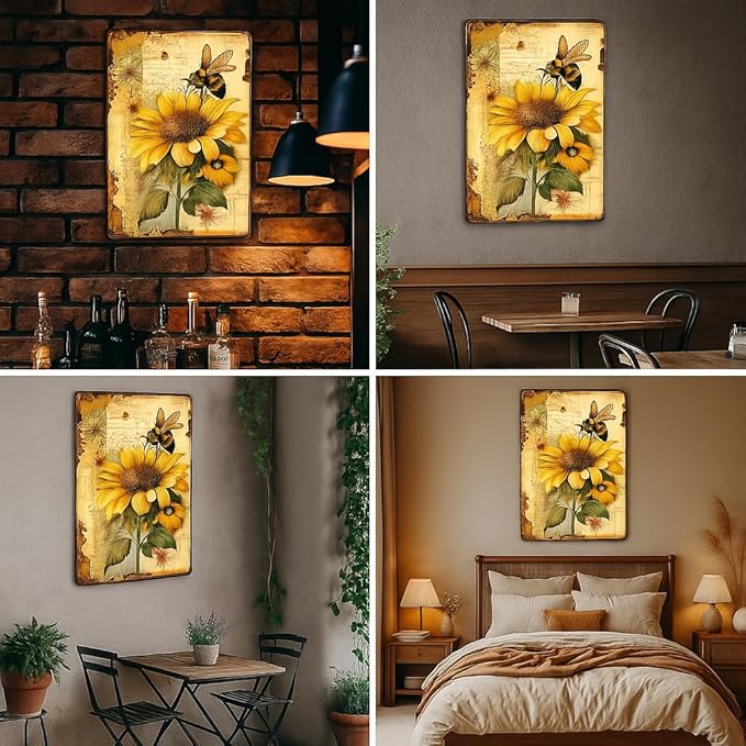 Bee Vintage Metal Tin Signs, Bee Sign 8x12 Inch, Wall Decor For Home Bedroom Living Room Dining Room Bars