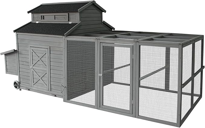 Chicken Coop for 6-10 Chickens, 112" Extal Large Chicken Coops, with Chicken Run & Nesting Box & Secure Enclosure, Outdoor Wooden Hen House Hutch for Rabbit, Poultry Pet, Duck -Grey