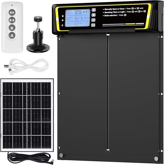 Automatic Chicken Coop Door with Timer & Light Sensor，5000mAh Battery & 3.7W Solar Panel，Anti-Pinch Auto coop Door, Weatherproof for Backyard Chicken Coop (Black)