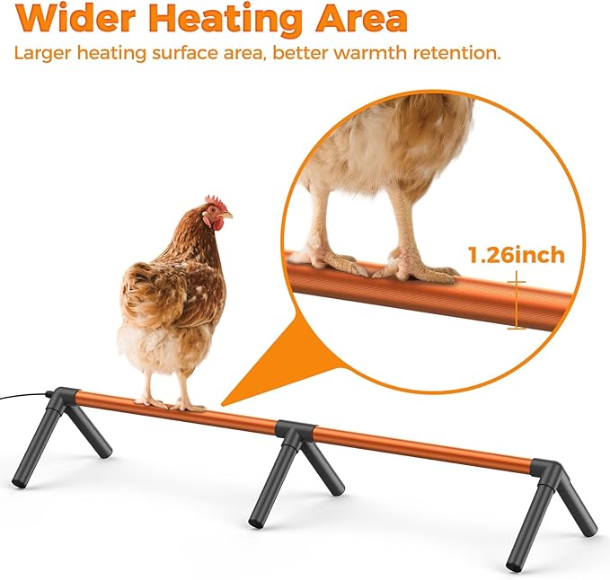 Heated Chicken Perch for Coop, 48" Aluminum Thermo Roosting Bar with 3 Adjustable Temperatures, Winter Poultry Support to Protect Toes from Frost, Chicken Coop Accessories