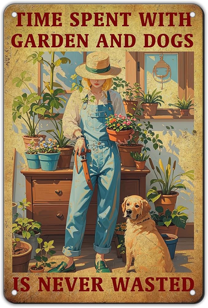 Vintage Garden Time Spent with Garden and Dogs is Never Wasted Metal Tin Sign 8x12 Inch Home Restaurant Wall Decor