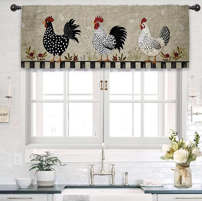 Rooster Chicken Kitchen Curtain Valance 54W x 18L Inch Farmhouse Rustic Country Rural Rod Pocket Short Cafe Small Window Treatment Drapes Decor