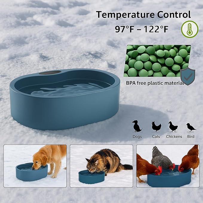 Large Heated Water Bowl for Dog & Cat, Outdoor Heated Dog Bowl with Chew Resistant Power Cord, Waterproof Heated Pet Bowl Smart Thermal-Dish in Winter for Dog Cat Chicken Birds, 125 OZ UL Certified