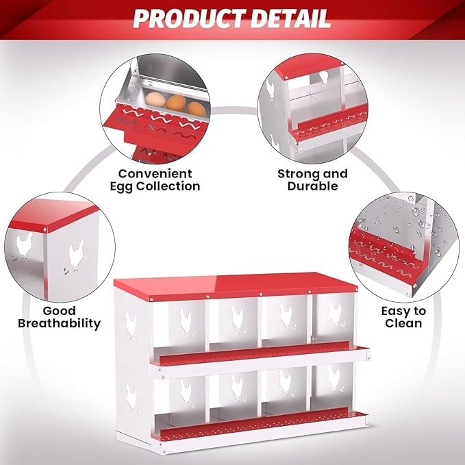 Metal Chicken Nesting Boxes, Heavy-Duty Galvanized Steel Egg Laying Box with 8 Compartments, Rustproof, Easy to Install & Clean, Wall-Mountable Design for Poultry Coops- Red Without Stand