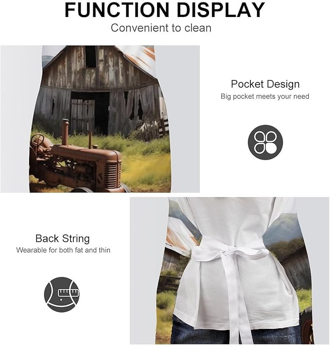 Rusted Tractor Apron with Pocket Adjustable Cooking Bib Aprons with Long Tie Polyester Waterproof Neck Strap Kitchen Apron for Men Women Baking Crafting Gardening