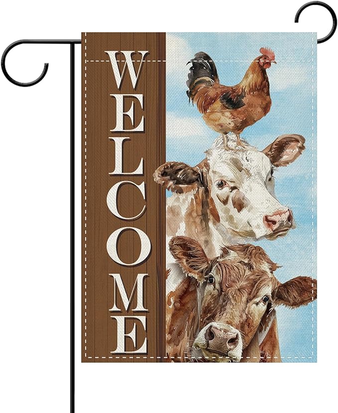 Dyrenson Vintage Farm Animals Welcome Decorative Garden Flag, Retro Farmhouse Cow Rooster Chicken Yard Outside Home Decoration, Rustic Country Burlap Outdoor Small Decor Double Sided 12 x 18