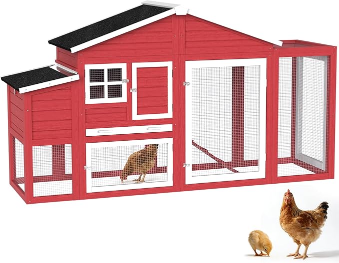 84.7''L Chicken Coop, Large Poultry Cage for 4-6 Chickens, Outdoor Hen House Design with Nesting Box, Weatherproof Roof and Leakproof Pull-on Tray, Easy to Install＆Clean(Red)