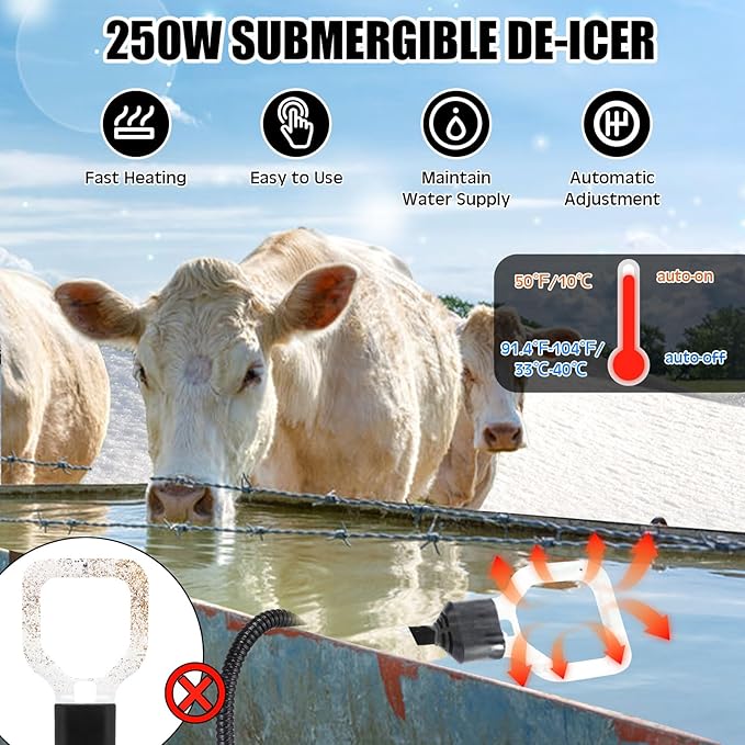 150w/250w/500w Livestock Water Heater De-icer, Submersible Cast Aluminum Utility Heated for Farm Poultry Water Trough, Tank, Bird Bath, Chicken Coop with Thermostat for Winter(Black,250w)