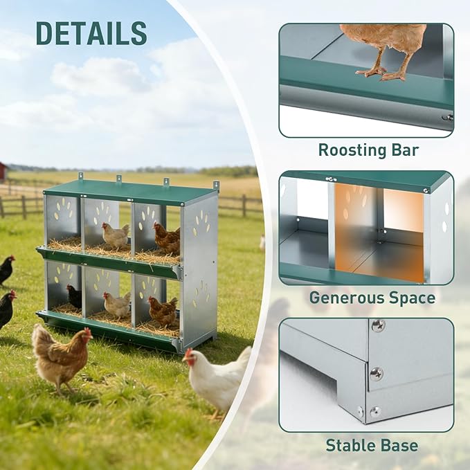 6 Compartment Metal Chicken Nesting Box, Roll Out Hen Laying Box for Easy Egg Collection, Wall Mount Poultry Nest Box for Backyard Chickens, Green, 32.09" L x 16.34" W x 26.38" H