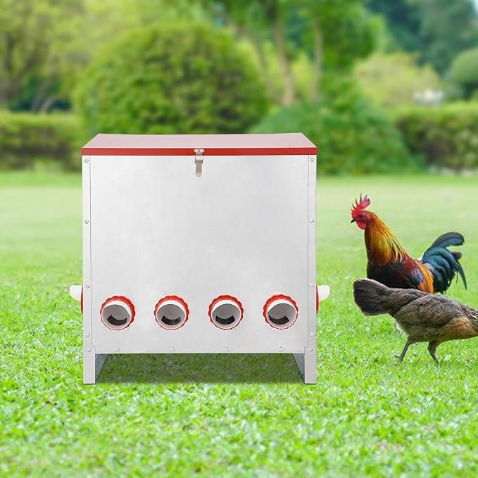 10-Hole Large Capacity Chicken Feeder, 30kg/66lbs Automatic Poultry Feeder with Lid, Galvanized Metal Chicken Feeders and Waterer for Hens, Floor Standing Feeders for Chickens Ducks