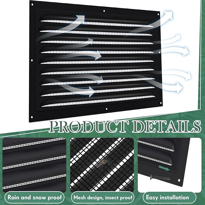 2 Pcs Aluminum Attic Vents 12" x 8" Metal Gable Wall Mesh Shed Vent with Screen Square Louver Grille for Exterior Door House Attic Garage Ceiling Chicken Coop
