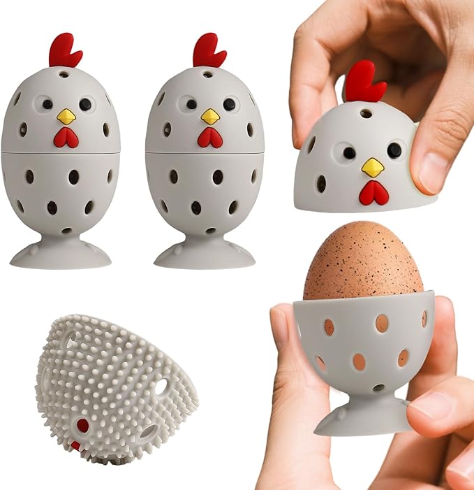 Silicone Egg Wash and Scrub Brusher 4PCS, Reusable Cute Chick-Shaped Cleaning Scrubber Tool for Fresh Eggs, Chicken Duck Fruit and Vegetable(Grey)