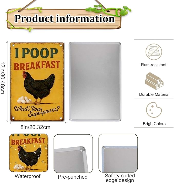 Chicken Metal Decor Sign Funny Vintage Metal Tin Sign Wall Art Decor I POOP Breakfast Chickens Coop Signs for Home Farm Chicken Coop Farmhouse Kicthen Garden Decor 8 X 12 Inch