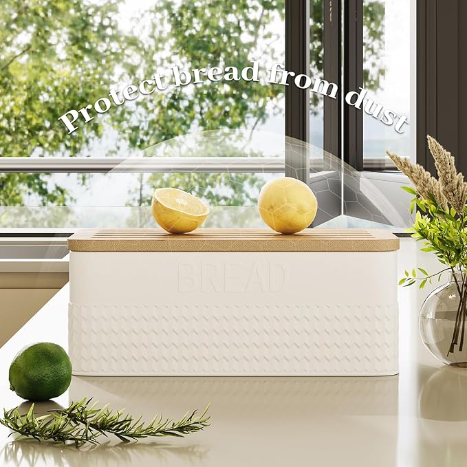 Bread Box for Kitchen Countertop - Metal Bread Storage with Bamboo Cutting Board Lid & Bread Knife, Corner Bread Container for Homemade Bread and Toast, White