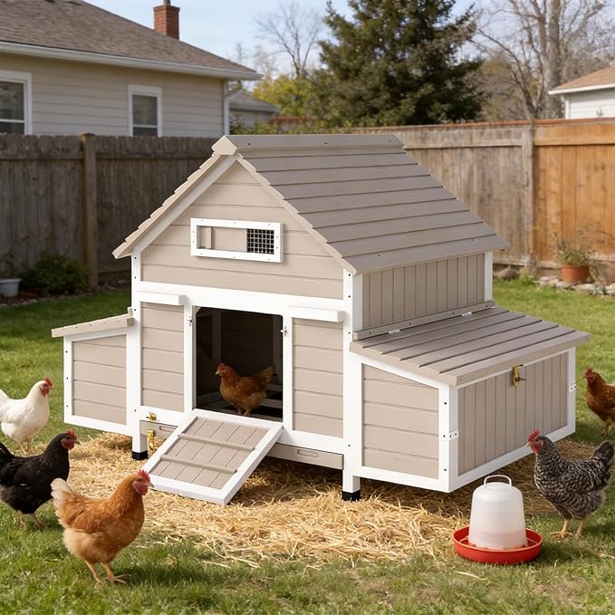 Large Chicken Coop Outdoor, Expandable Hen House with 6 Nesting Boxes, Rabbit Hutch Bunny Cage Poultry for 2-5 Chickens with 3 Perches, Leakproof Pull-on Tray and Rampy(61" L x 33.5" W x 40.2" H)