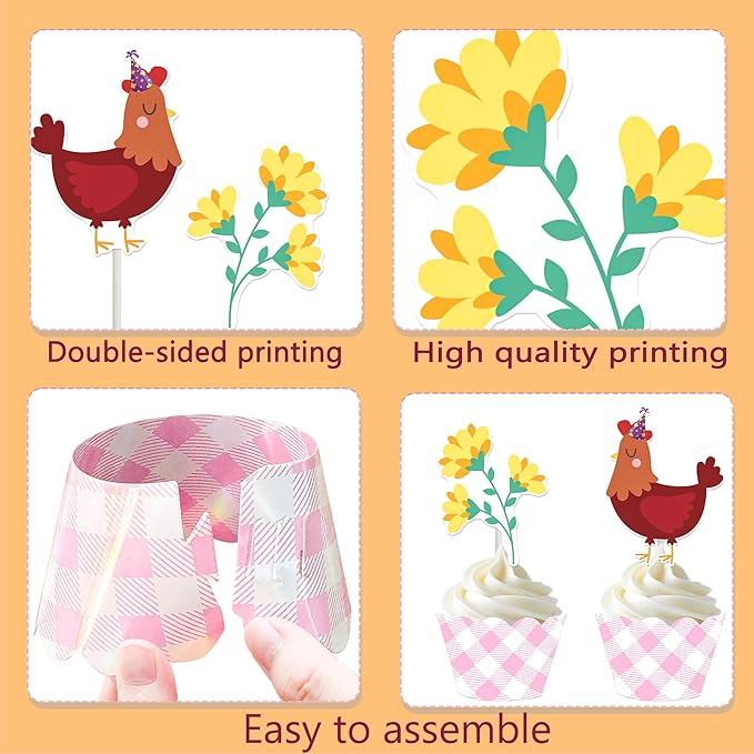 Chicken and Daisy Cupcake Toppers and Wrappers Floral Chicken Birthday Decoration 48Pcs Pink Gingham Cupcake Liners barnyard Hen Themed Cake Decor for Farm Animals Bday Baby Shower Supplies