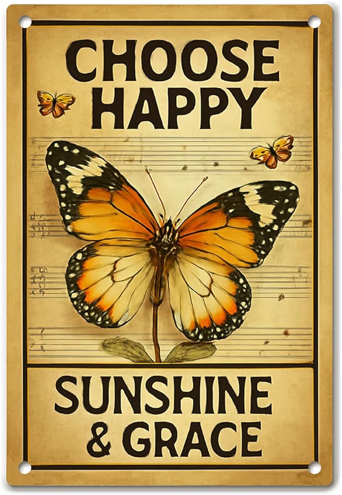 Motivational Wall Decor Metal Sign – Inspirational Butterfly Wall Art, Vintage Tin Sign with “Choose Happy” Quote – Rustic Farmhouse Butterfly Wall Decor for Bedroom, Living Room, or Country Home