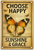 Motivational Wall Decor Metal Sign – Inspirational Butterfly Wall Art, Vintage Tin Sign with “Choose Happy” Quote – Rustic Farmhouse Butterfly Wall Decor for Bedroom, Living Room, or Country Home