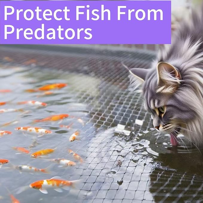 JUNFLYING 14x14 Ft Pond Netting for Leaves, 1/2 in Fine Mesh, Strong Woven Koi Fish Net Cover, Against Birds, Cats & Predators, Stakes Included