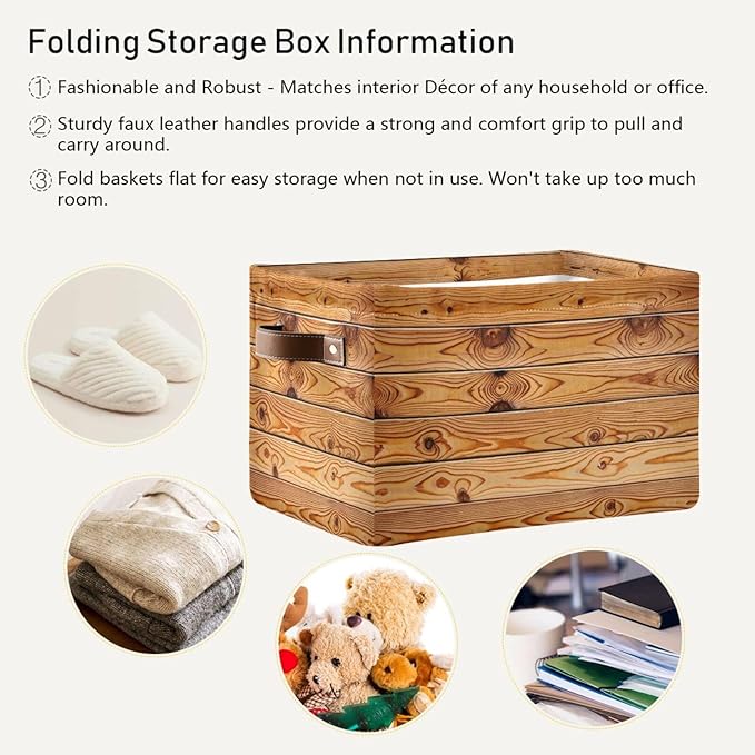 Rustic Wood Grain Storage Bins Collapsible Storage Basket with Metal Frame, Fabric Shelves Bins Closet Baskets with Handles, 2-Pack