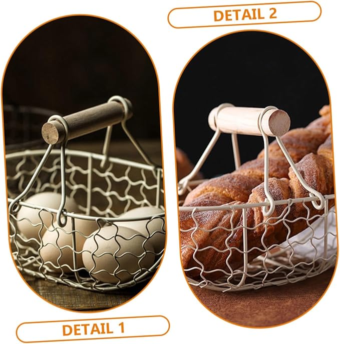 2pcs Vintage Style White Iron Wire Fruit Basket with Wooden Handles, Multi-function Metal Mesh Storage Baskets for Kitchen, Egg and Bread Organizer, Small Harvesting and Serving