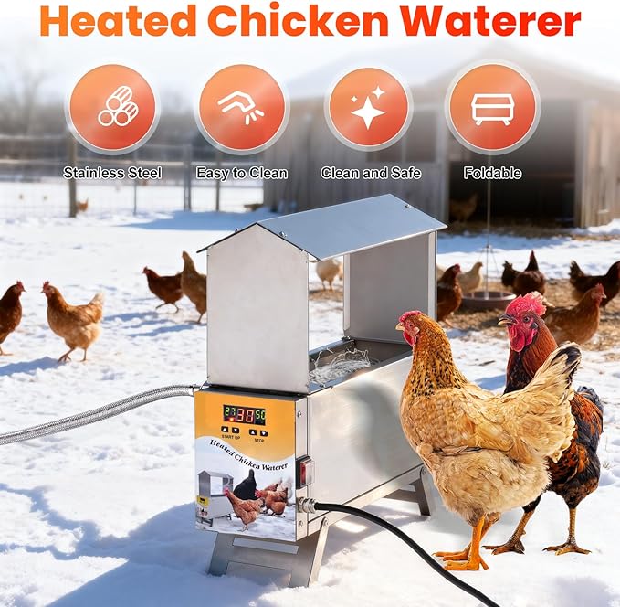 Heated Waterer for Chickens 2 Gallon Heated Chicken Waterer for Winter Chicken Water Heater with Adjustable Leg Anti-Freeze Poultry Duck Drinker Water Dispenser Heater Chicken Coop Accessories