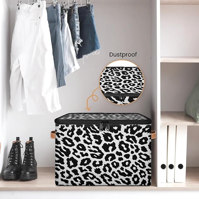 Storage Cubes with Lid Fabric Storage Bins Boxes PU Leather Handles, Leopard Textures Closet Organizer Container Foldable Washable Shelf Cloth Basket, Leopard Print