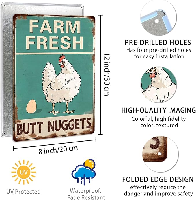Farm Fresh Butt Nuggets Metal Tin Sign Vintage Chicken Coop Metal Sign Rustic Farmhouse Decor for Kitchen Outdoor Charming Wall Plaque for Home Garden 8x12 Inch